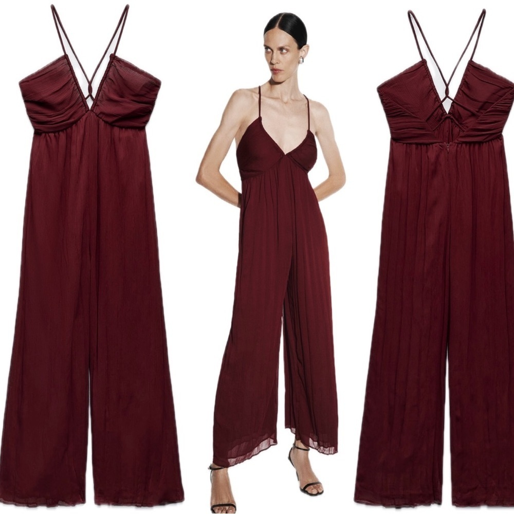 Zara burgundy V-neck crisscross spaghetti strap wide leg jumpsuit Sz S NWT - Picture 3 of 16